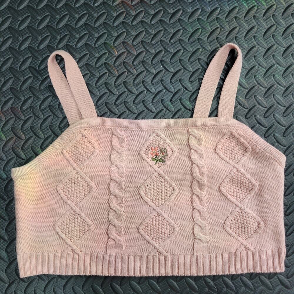 Almost Famous Sweater Tank Womens XL Pink Cable Knit Cropped Floral Y2K